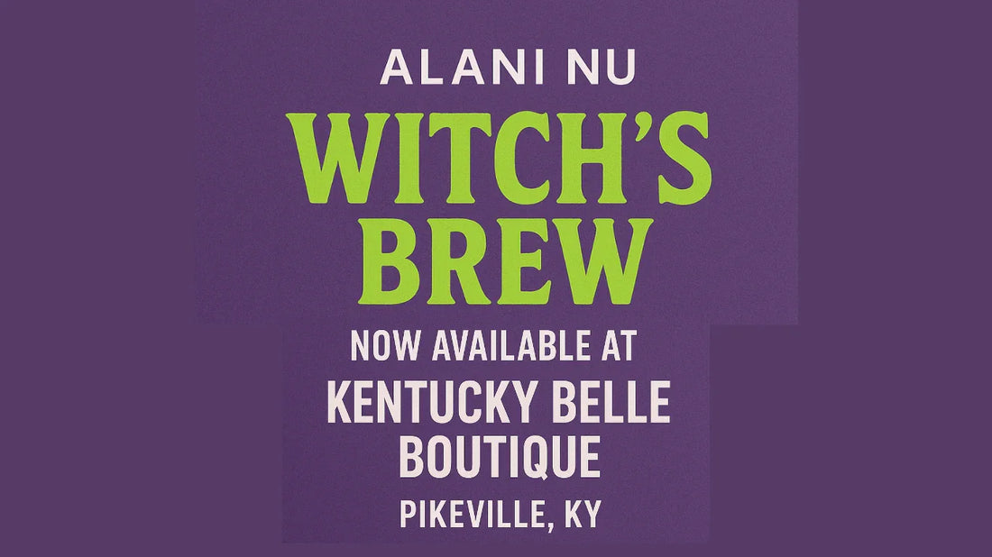 Alani Nu Witch’s Brew energy drink now available at Kentucky Belle Boutique in Pikeville, KY – fall seasonal flavor promotion with bold green and purple Halloween-inspired design.