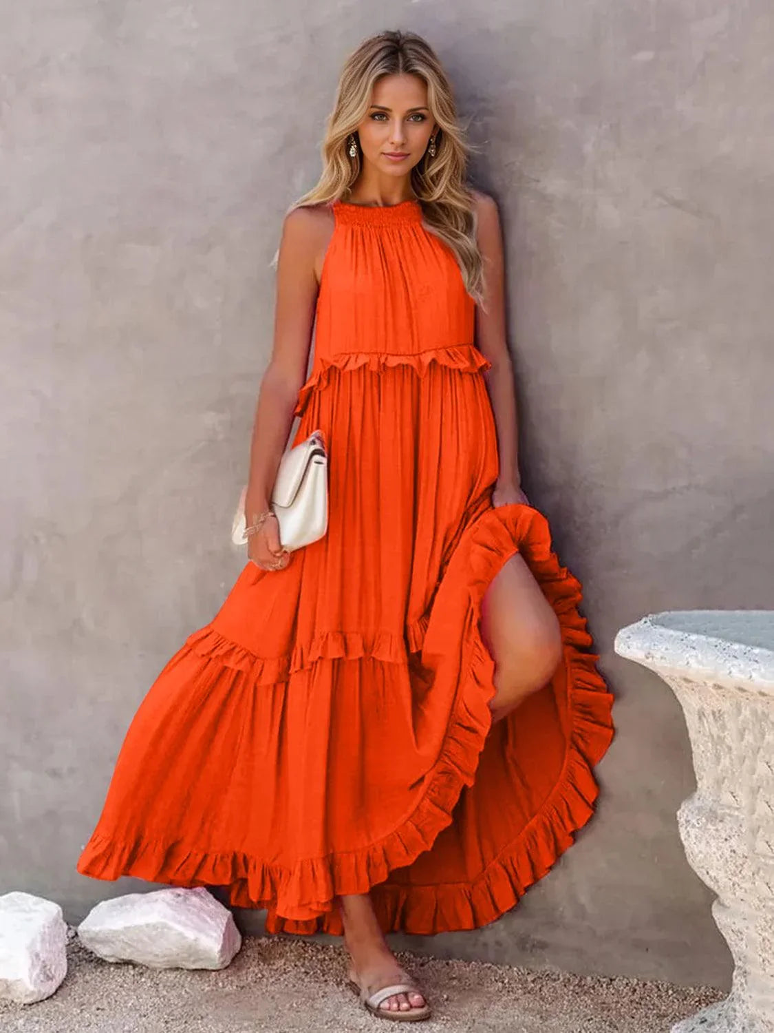 Ruffled Sleeveless Tiered Maxi Dress with Pockets Dress Orange-Red