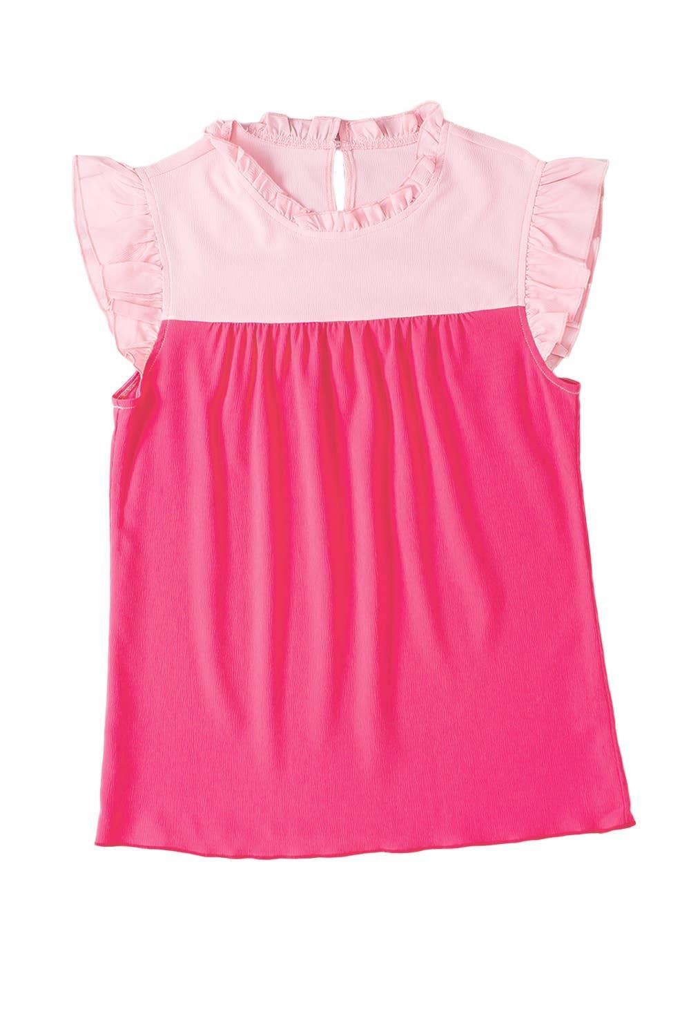 Rose Red Two Tone Ruffled Flutter Sleeve Blouse Shirt