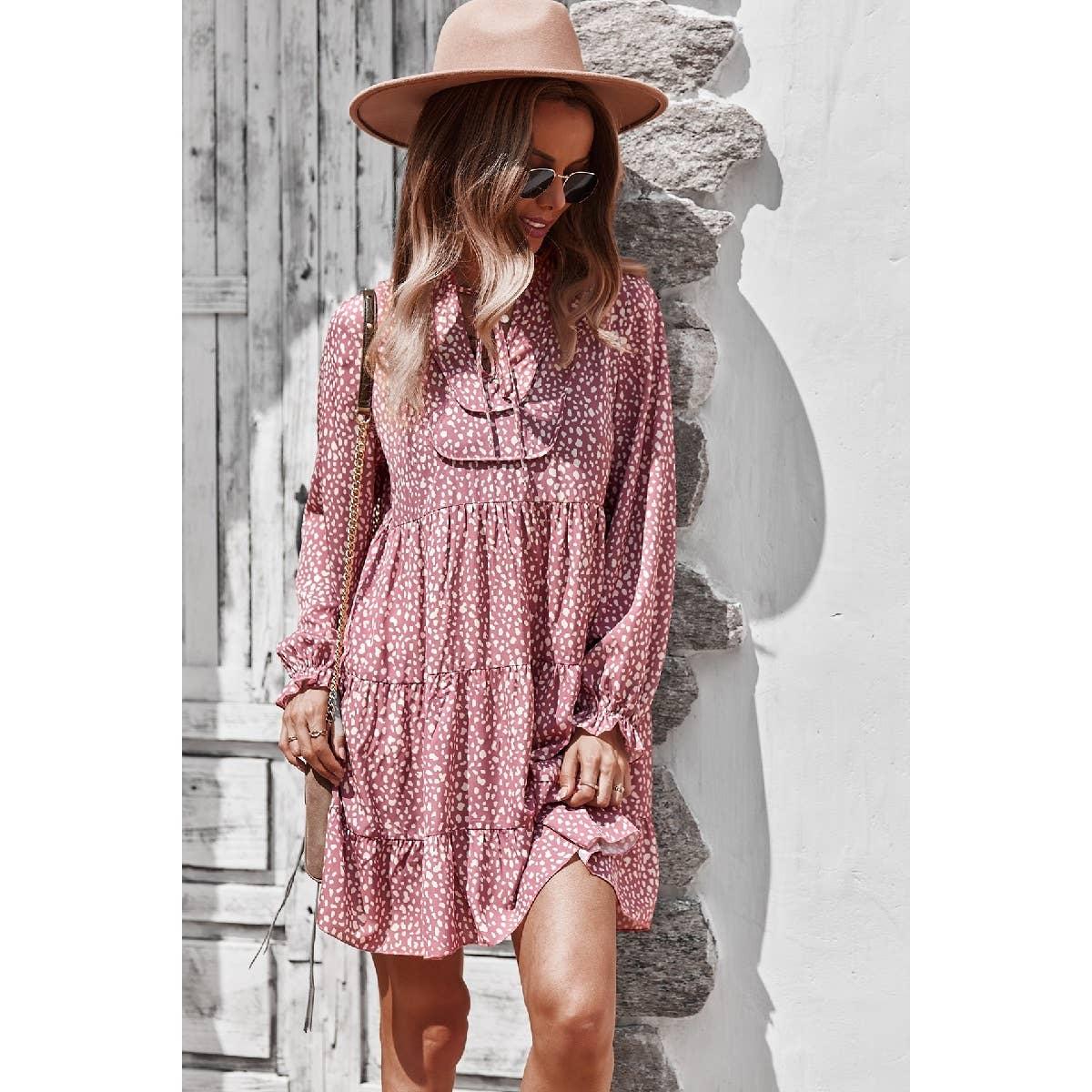 V Neck Polka Dot Long Sleeve Dress Dress Pink