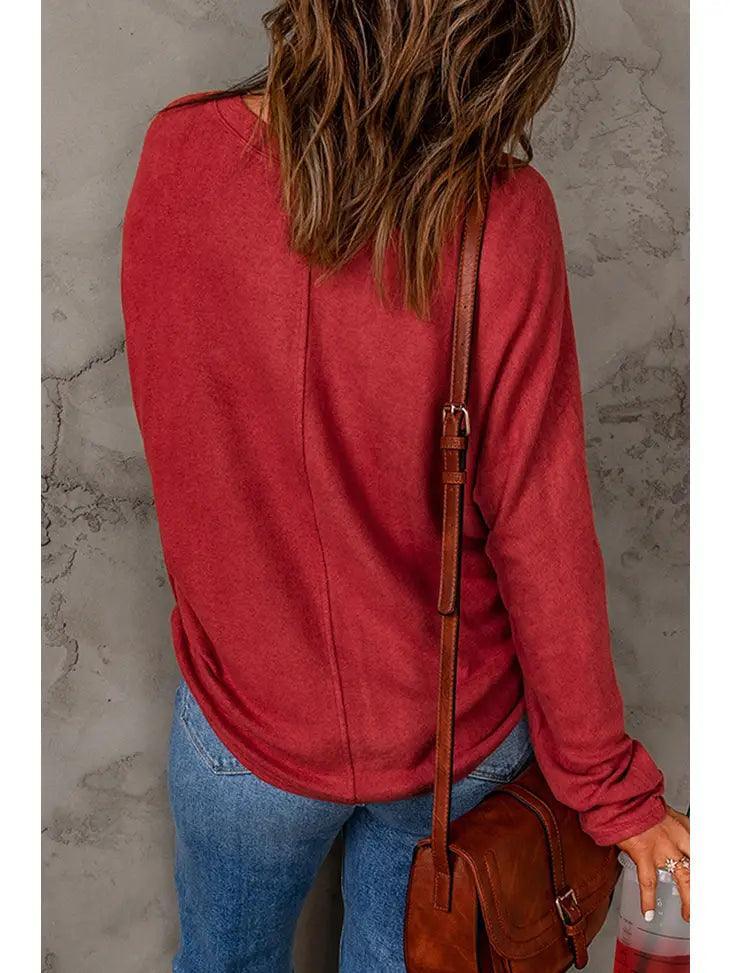 Red Solid Color Patchwork Long Sleeve Top shirt