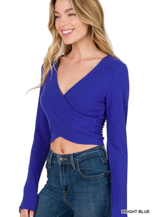 Ribbed Wrap Crop Top shirt Bright Blue