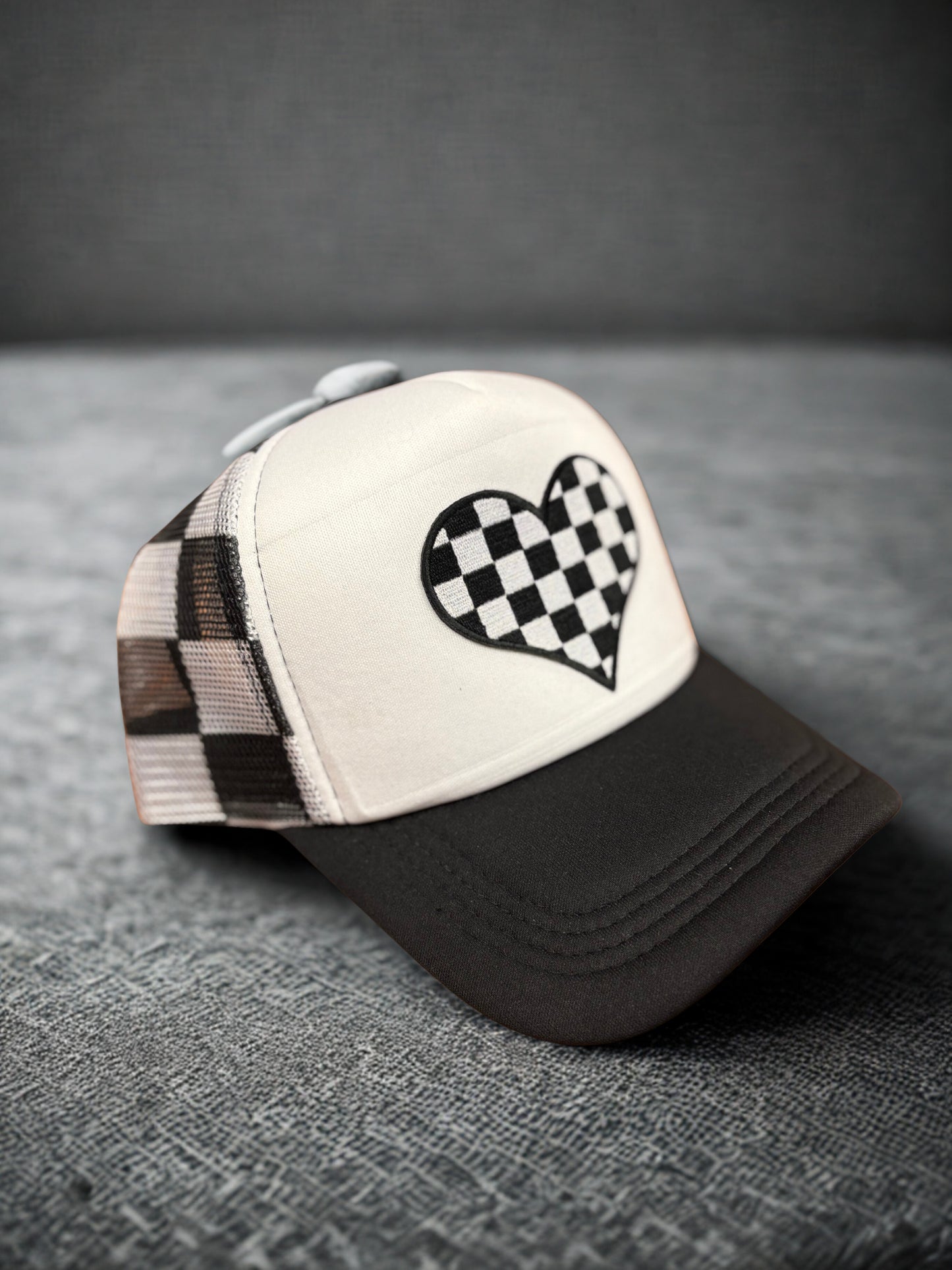 Black/White Checkered Heart Trucker Hat
