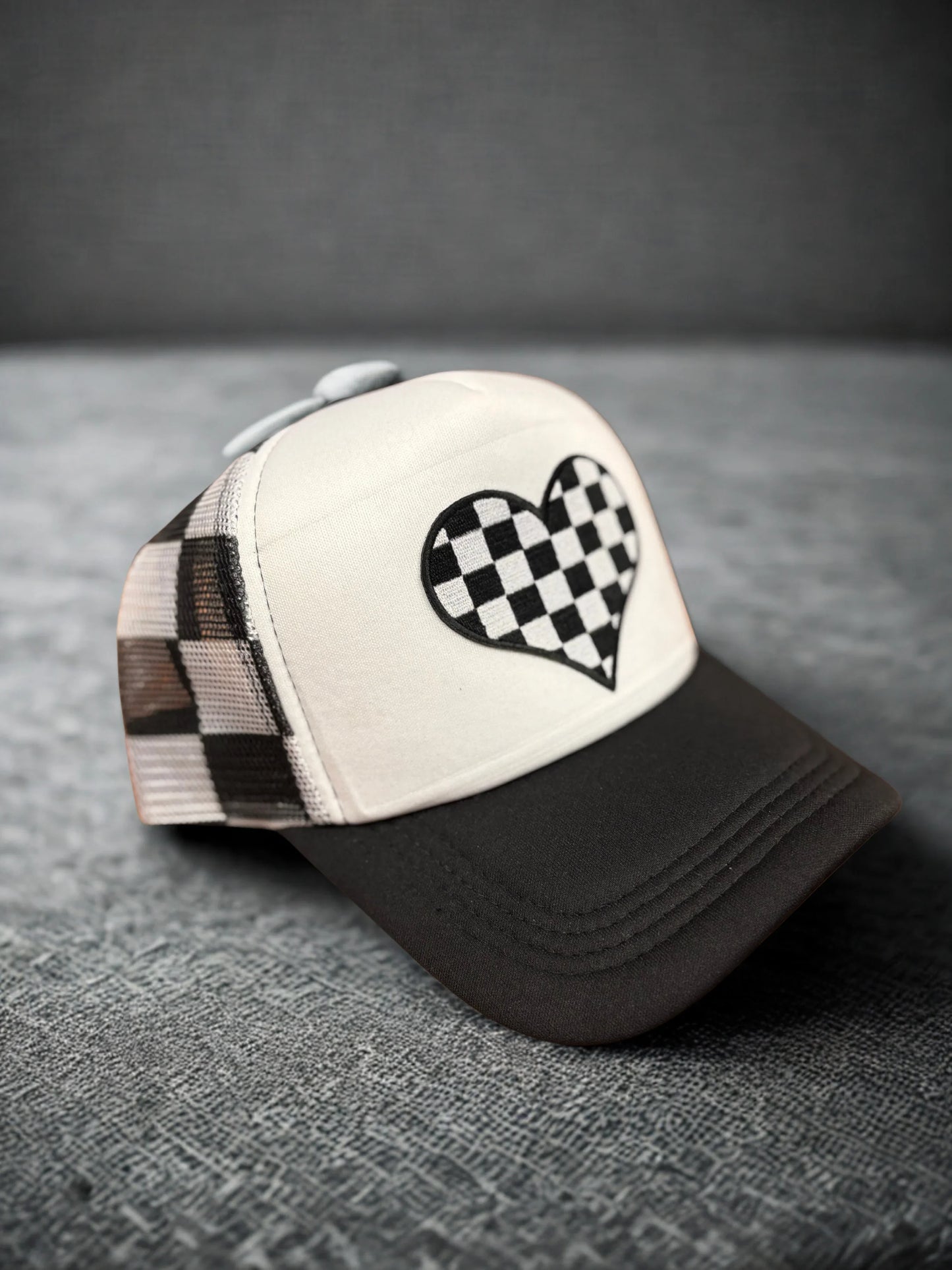 Black/White Checkered Heart Trucker Hat Adult Hat
