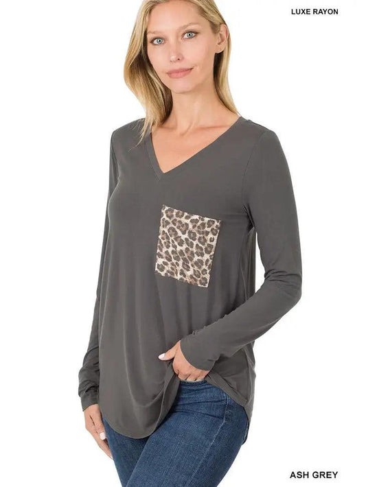 Rayon V-Neck Leopard Pocket Top shirt Ash Grey