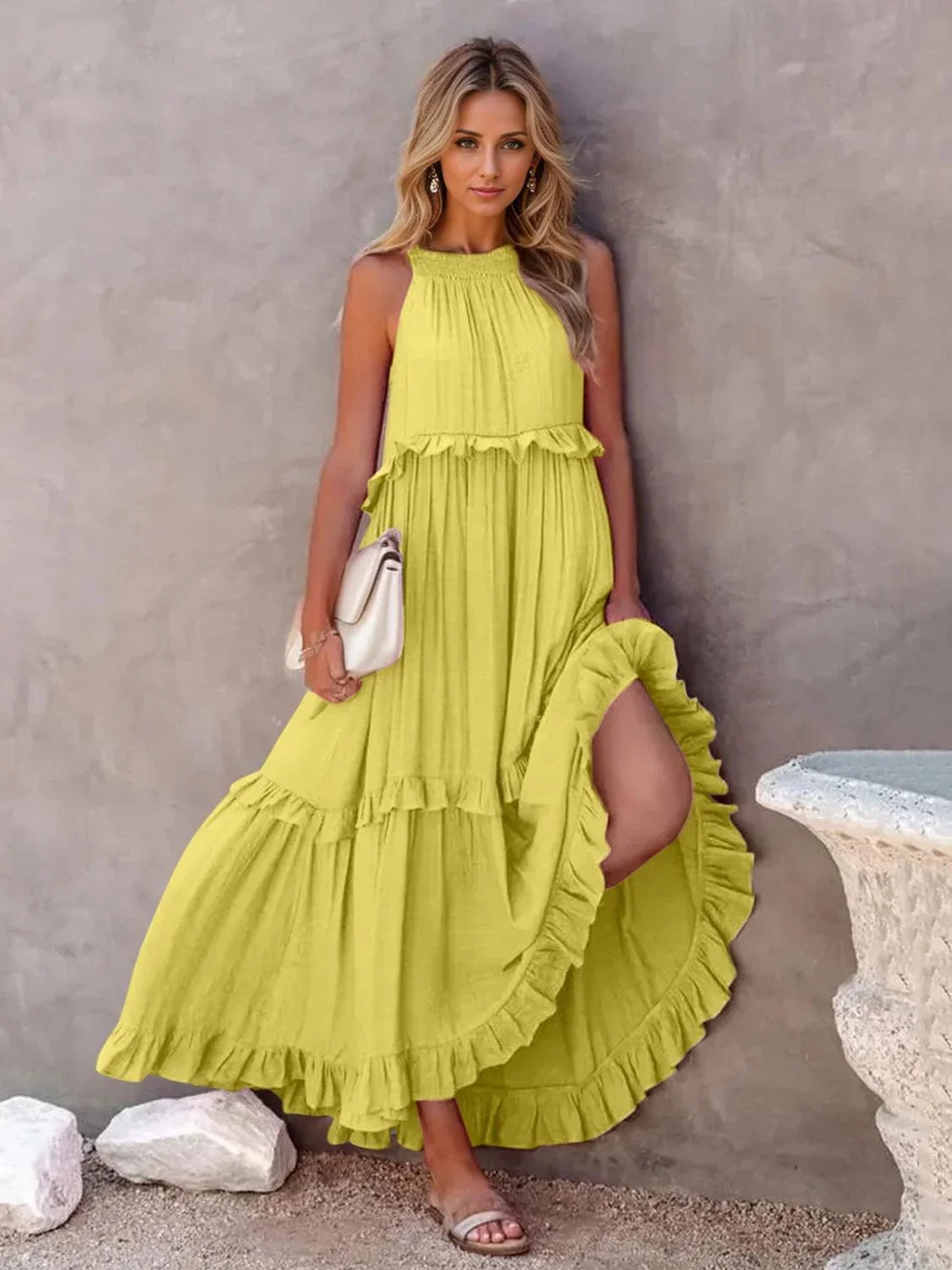 Ruffled Sleeveless Tiered Maxi Dress with Pockets Dress