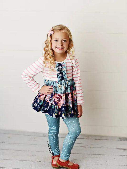 Kids Pink & Blue 3-Tiered Two Piece Top/Pant Set Dress