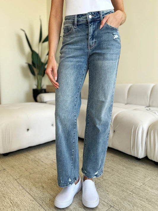 Judy Blue Full Size Mid Rise Distressed Straight Jeans Judy Blue Medium