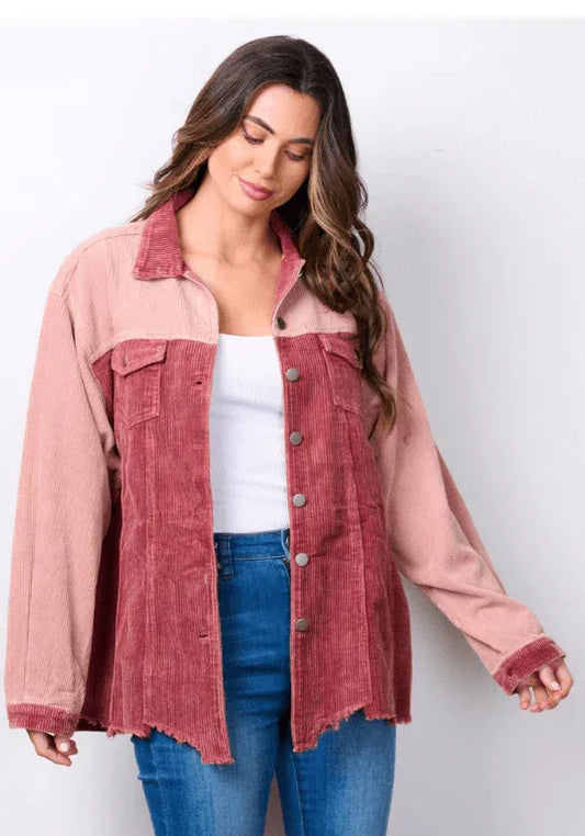 Long Sleeve Button Up Colorblock Corduroy Jacket Jacket Blush Burgundy