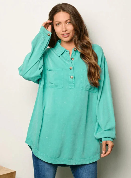 Long Sleeve Button Detailed Oversized Tunic Top shirt Jade