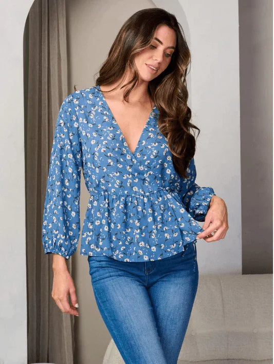 Long Sleeve Wrap Peplum Floral Blouse Top shirt
