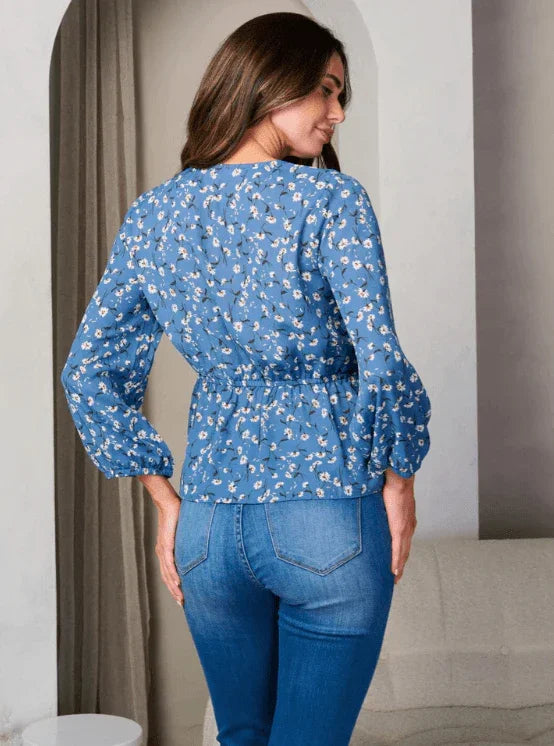 Long Sleeve Wrap Peplum Floral Blouse Top shirt