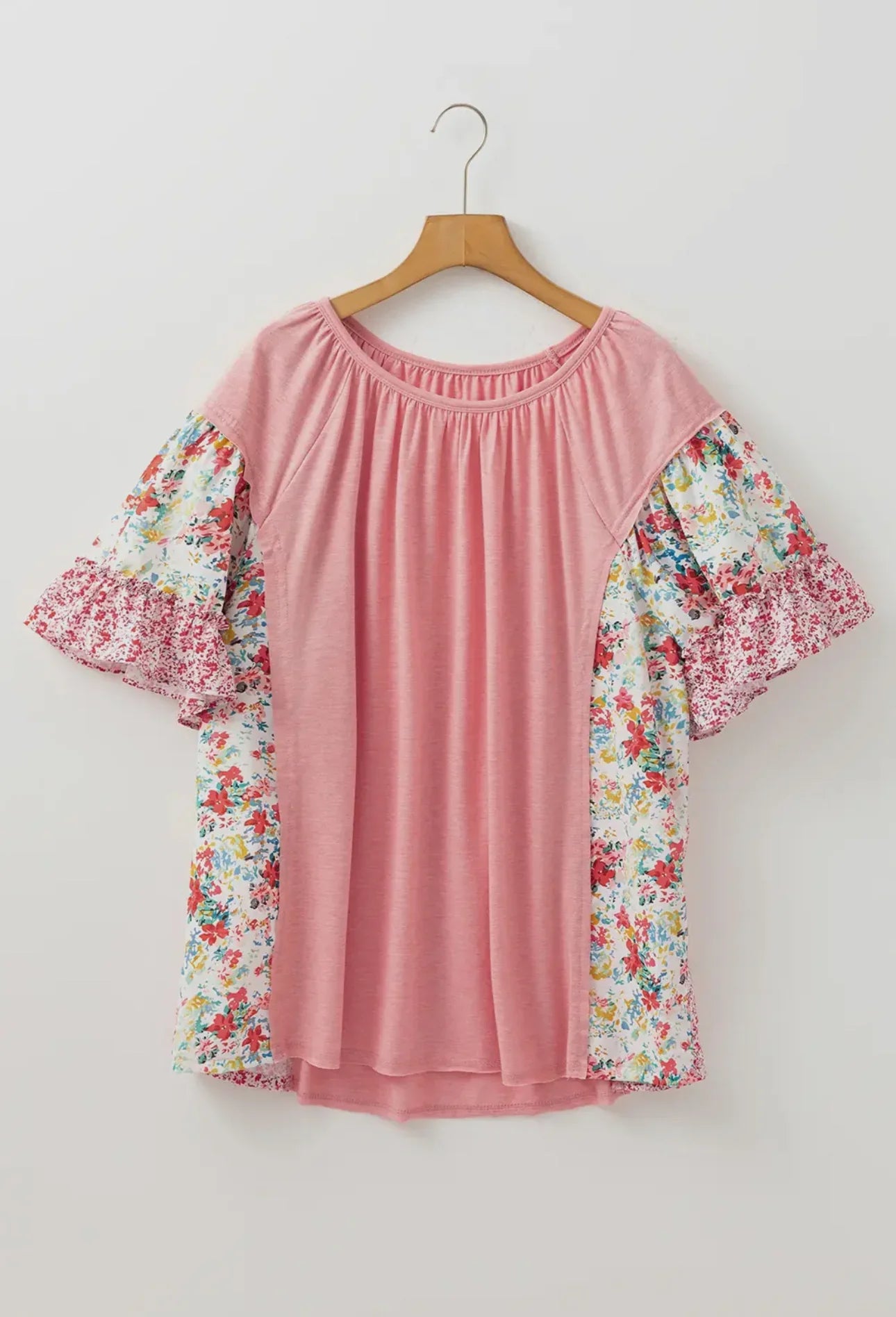 Plus Floral Patchwork Ruffled Short Sleeve Blouse