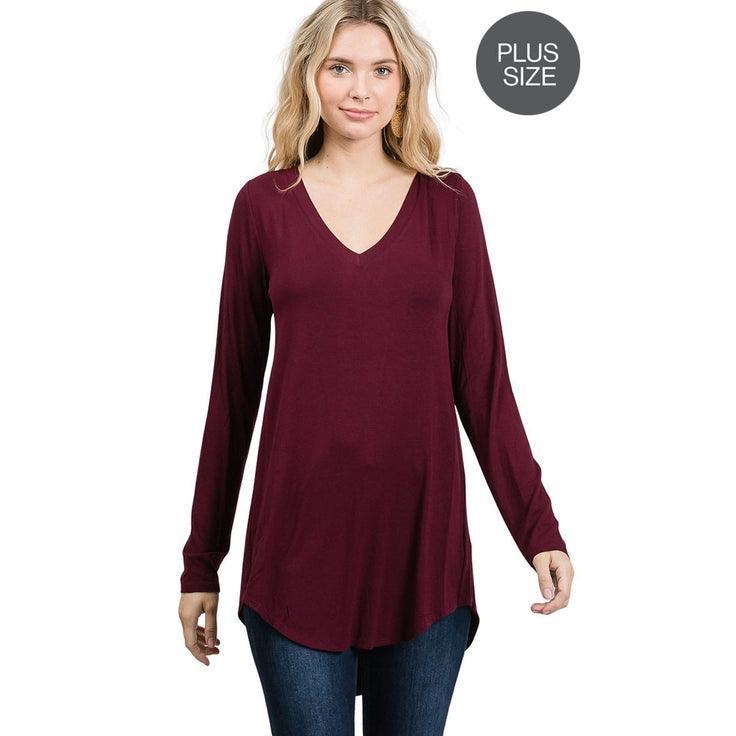 Plus Luxe Rayon Long Sleeve V-Neck Dolphin Hem Top shirt Dark Burgundy