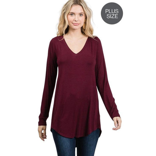 Plus Luxe Rayon Long Sleeve V-Neck Dolphin Hem Top shirt Dark Burgundy