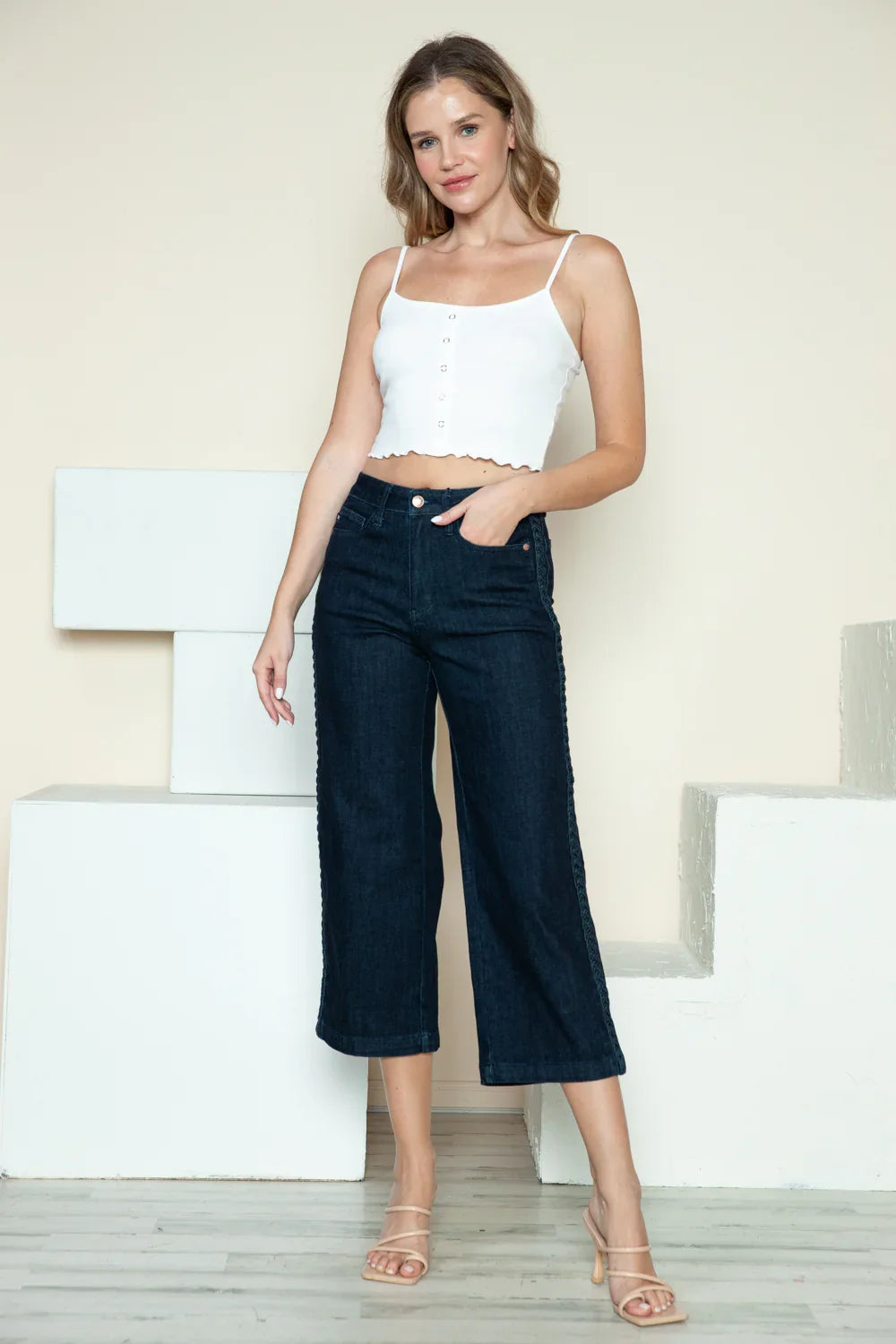 Judy Blue Full Size Side Seam Braid Detail Crop Wide Leg Jeans Judy Blue