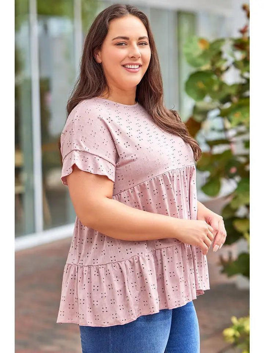 Plus Size Eyelet Pattern Ruffle Sleeve Babydoll Top Tops