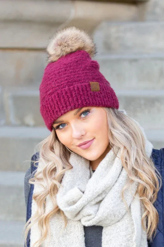 CC Ultra Soft Fur Pom Beanie beanie Burgundy OneSize