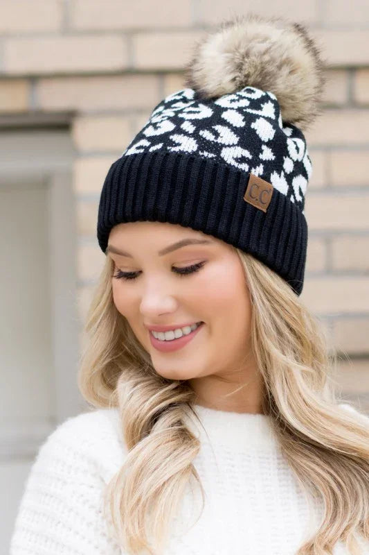 Leopard Fur Pom Beanie beanie Black OneSize