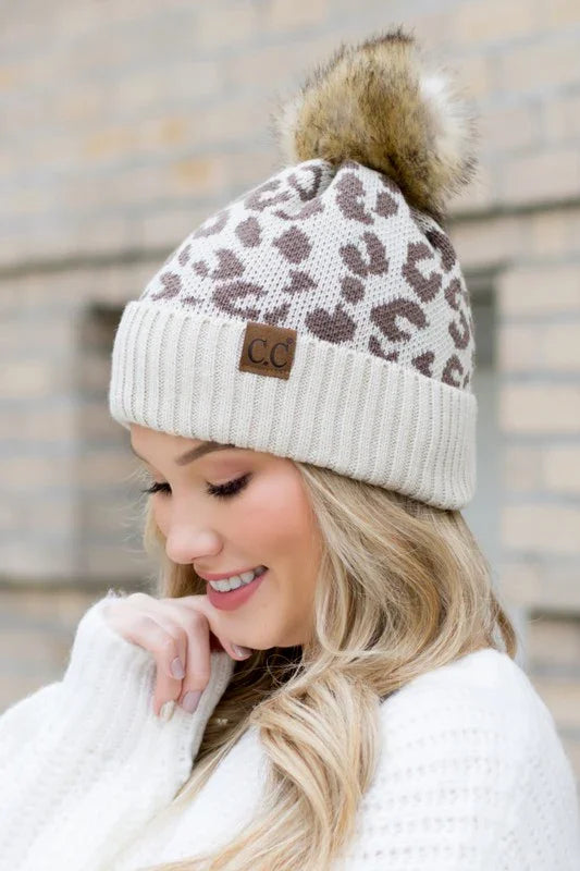 Leopard Fur Pom Beanie beanie Taupe OneSize