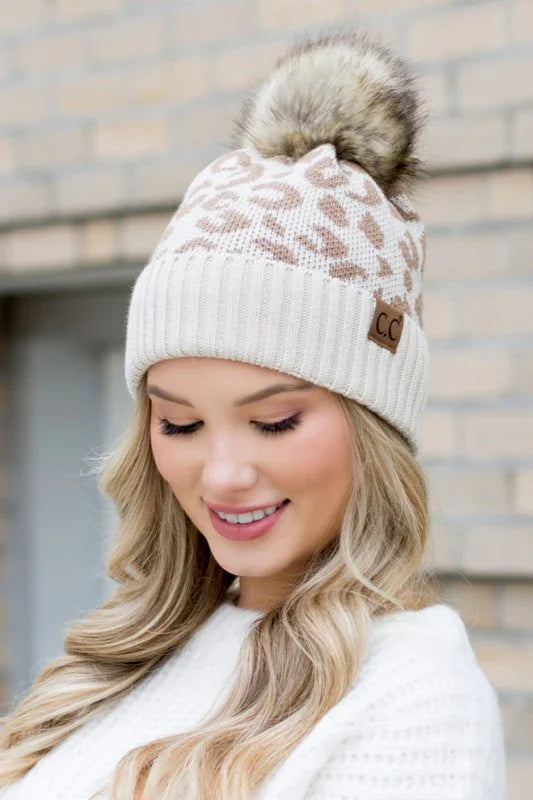 Leopard Fur Pom Beanie beanie Beige OneSize
