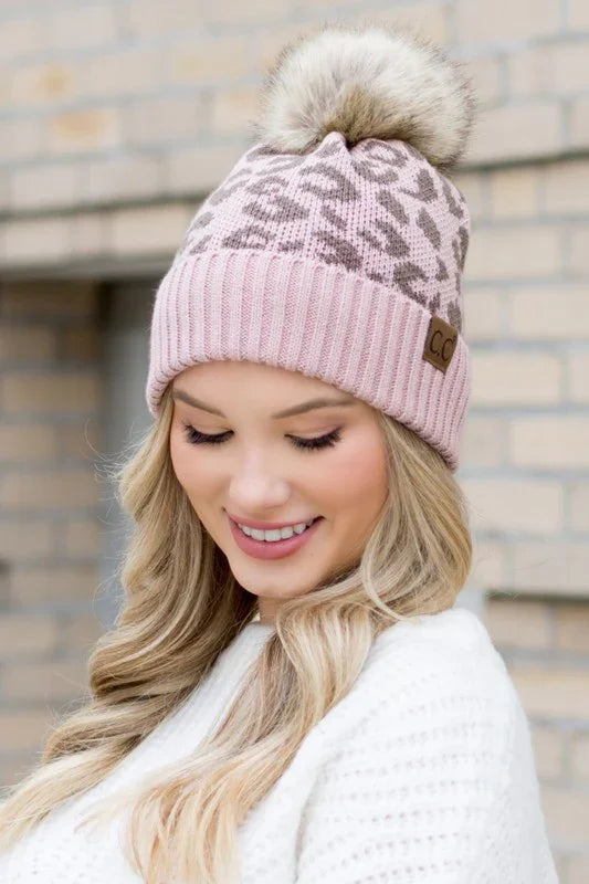 Leopard Fur Pom Beanie beanie Rose OneSize