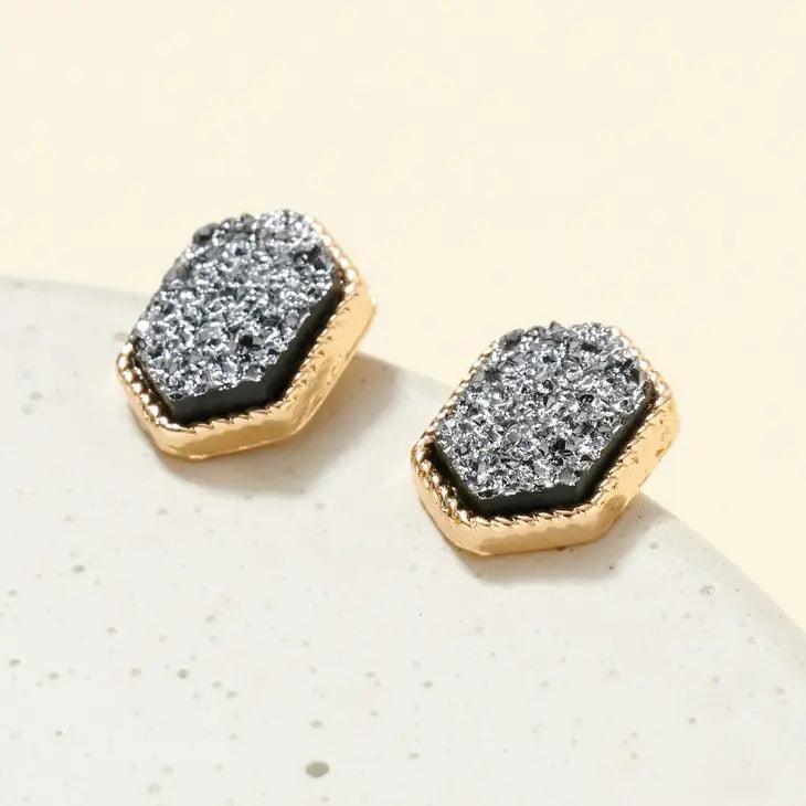 Hexagon Druzy Stone Stud Earrings (GDHE)