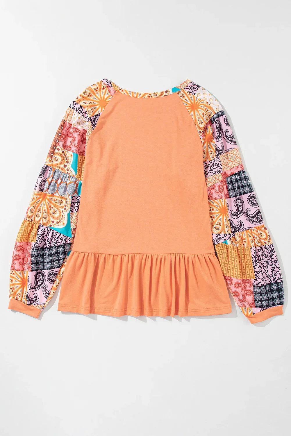 Orange Boho Paisley Mix Print Raglan Sleeve Ruffled Blouse Tops