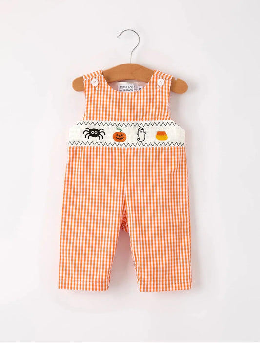 Fall Halloween Orange Pumpkin Ghost Spider Smock Embroidered Baby Boys Romper