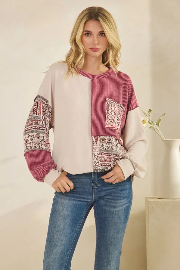 Patchwork Knit Long Sleeve Pullover Top - Oatmeal & Burgundy Color Block Sweater Tops