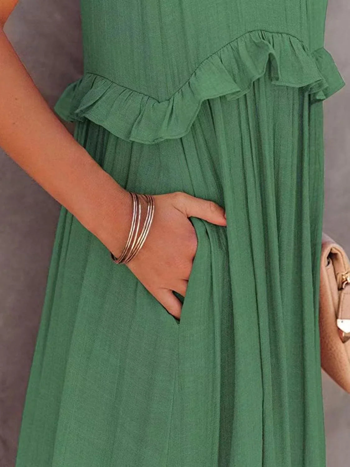 Ruffled Sleeveless Tiered Maxi Dress with Pockets Dress