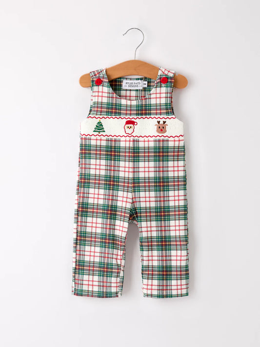 Christmas Jonjon Plaid Smocking Embroidered Boys Romper baby romper