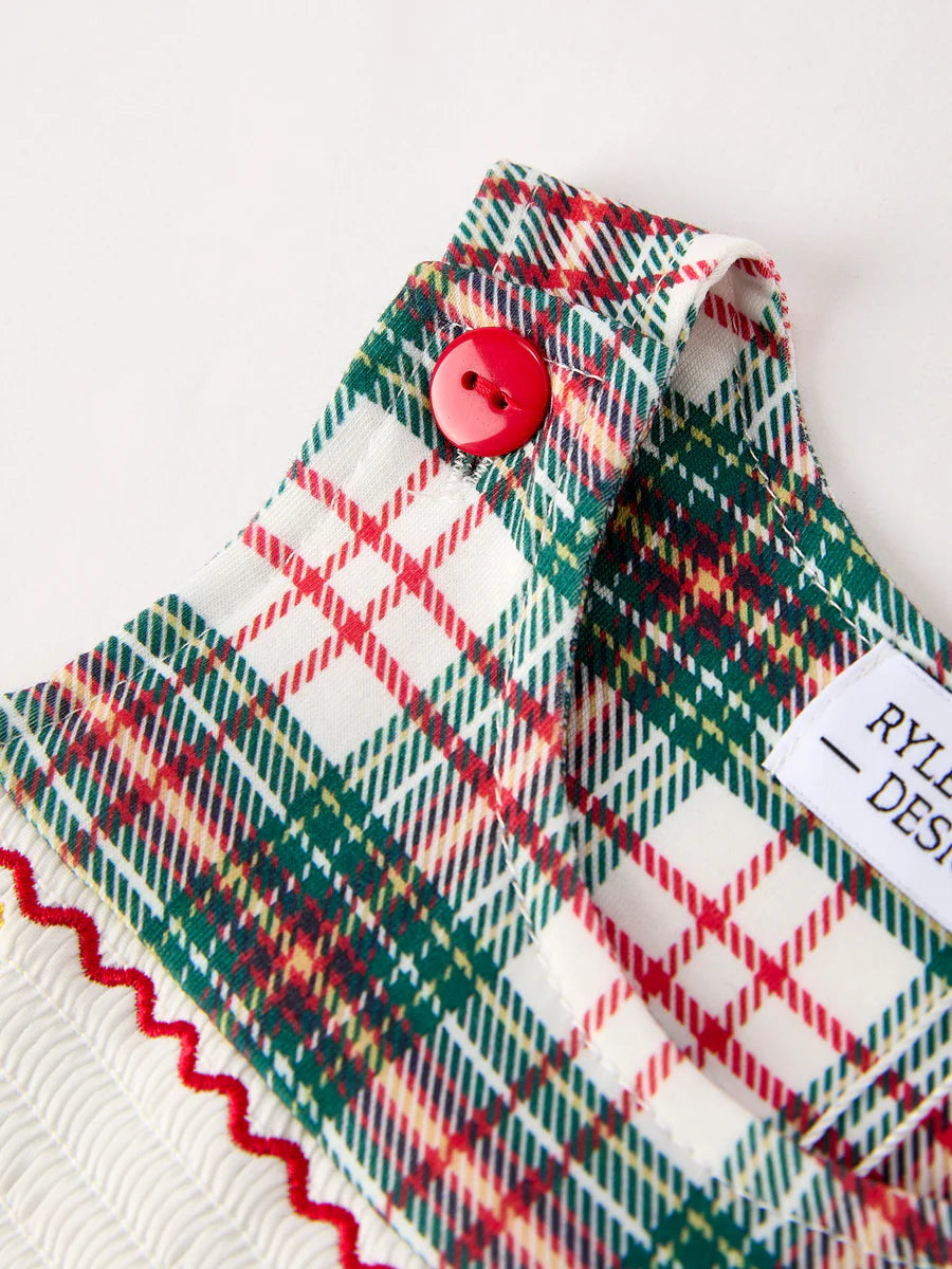 Christmas Jonjon Plaid Smocking Embroidered Boys Romper baby romper