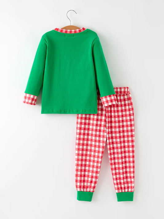 Christmas Character Candy Embroidery Green Boys Set Clothing Set