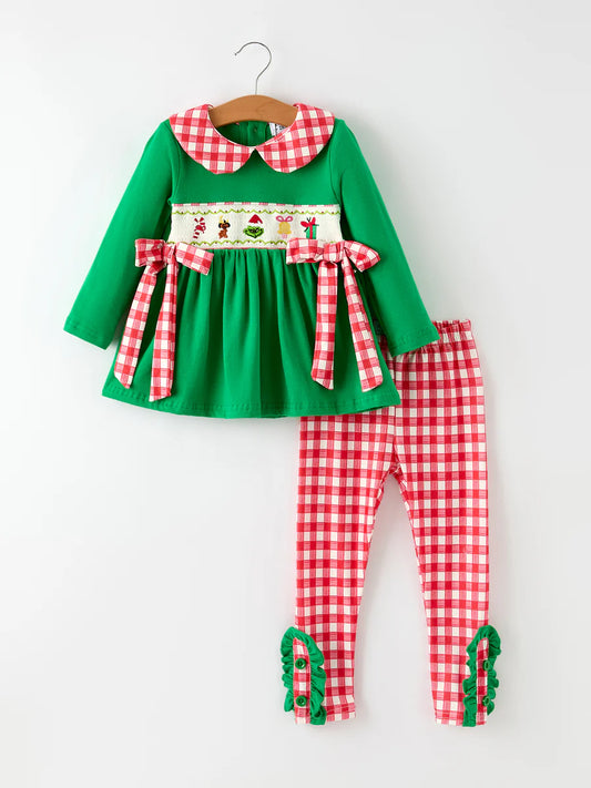 Christmas Character Candy Embroidery Green Girls Set Clothing Set