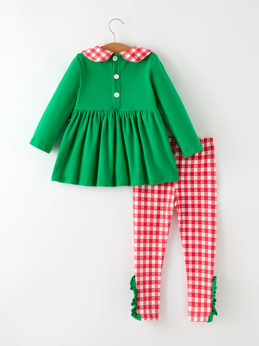 Christmas Character Candy Embroidery Green Girls Set Clothing Set