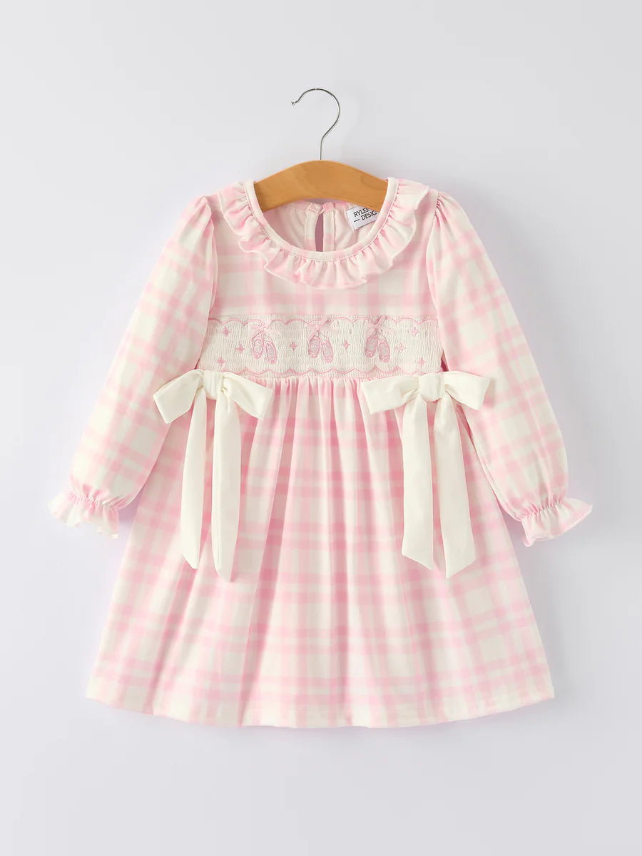 Pink Plaid Ruffle Ballet Shoe Embroidery Long Sleeve Dress 3