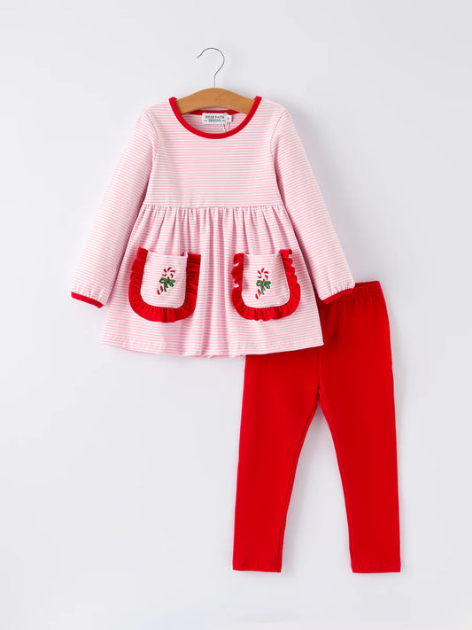 Christmas Candy Cane Embroidery Striped Girl Set with Pocket Ruffles Clothing Set