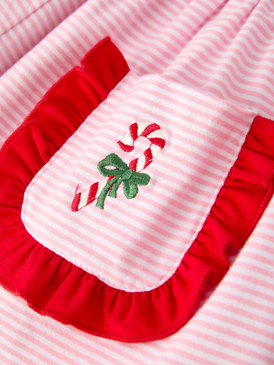 Christmas Candy Cane Embroidery Striped Girl Set with Pocket Ruffles Clothing Set
