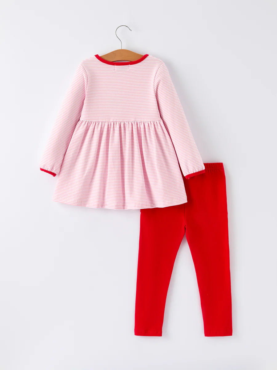 Christmas Candy Cane Embroidery Striped Girl Set with Pocket Ruffles Clothing Set