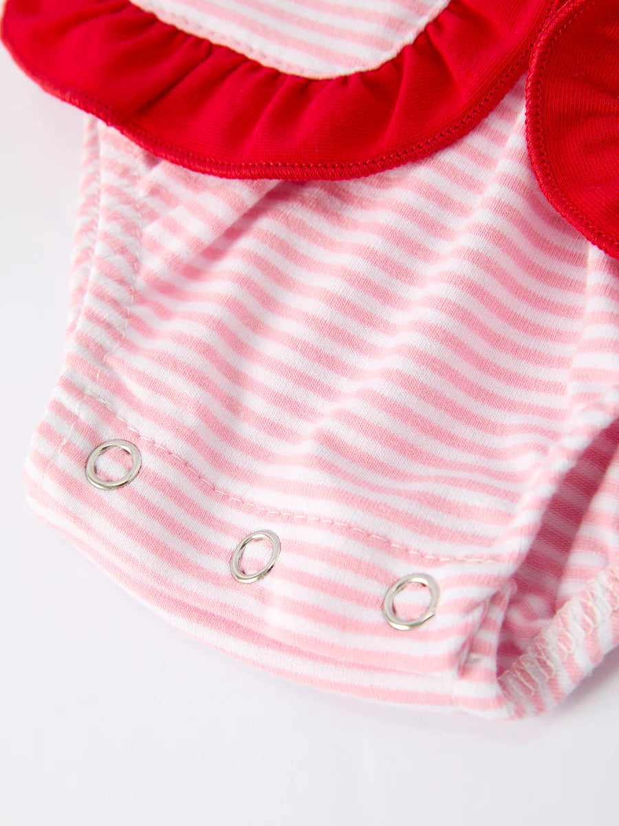 Christmas Candy Cane Embroidery Striped Baby Girl Romper with Pocket Ruffles baby romper