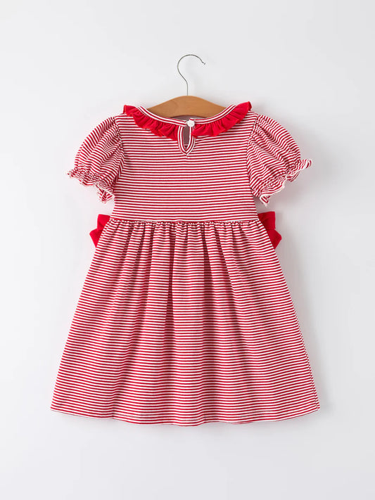 Holiday Girls Dress with Embroidered Christmas Lights and Red Bow Details Childrens dress