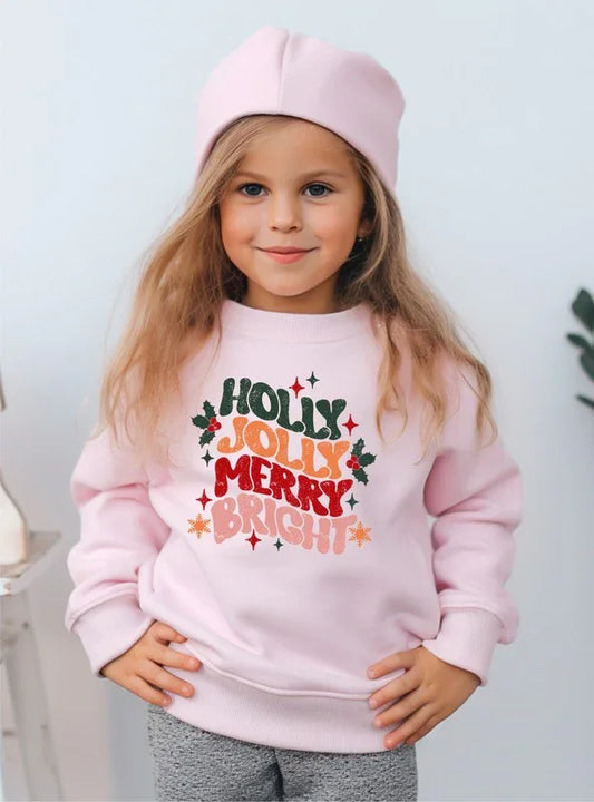 Holly Jolly Merry Bright Tod Graphic Sweatshirt childrens sweatshirt PInk