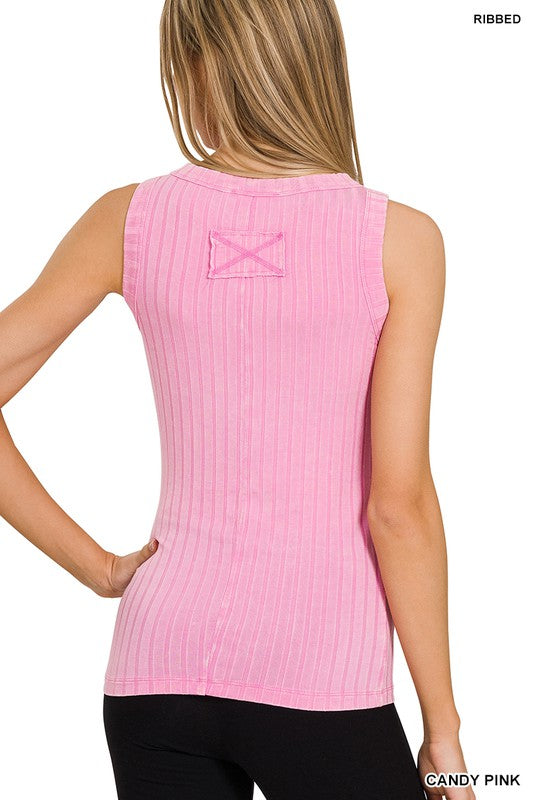 Ribbed Sleeveless Tank Top With Exposed Seam tank top