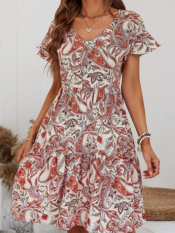 V Neck Paisley Floral Print Swing Dress Dress