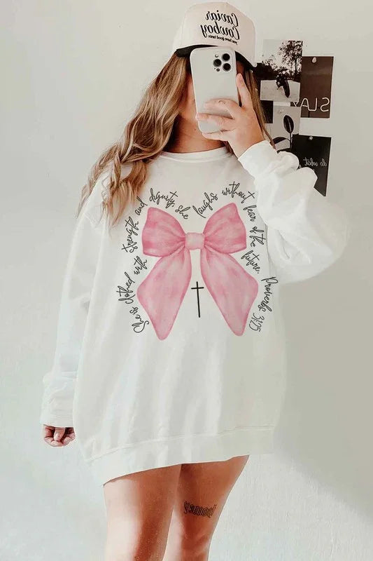 PROVERBS PINK BOW CHRISTIAN GRAPHIC SWEATSHIRT WHITE