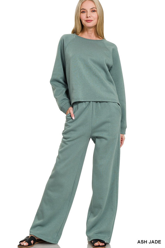 Zenana Fleece Raglan Sleeve Pullover & Sweatpants Set Clothing Set Ash Jade