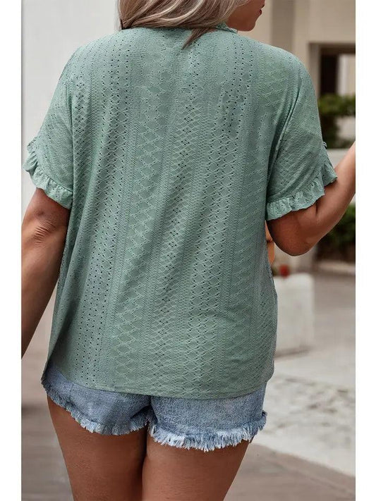 Plus Size Petal Sleeve Jacquard V Neck Curvy Blouse shirt