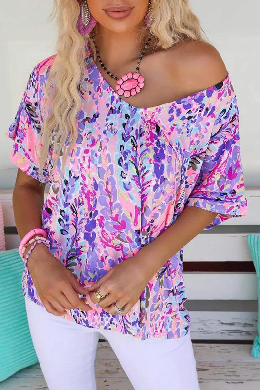 Pink Loose Painted Floral Tee for Women shirt