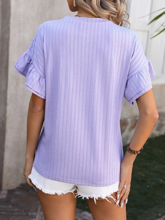 Jacquard Double Ruffle Layered Sleeve Blouse Tee T-Shirt Tops